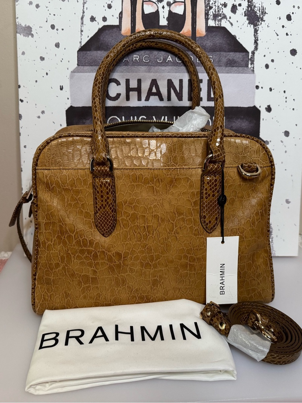NWT Brahmin Marissa Zostera Cashew Croc-Embossed Leather Satchel